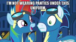 Size: 800x449 | Tagged: safe, edit, edited screencap, screencap, rainbow dash, soarin', pony, g4, newbie dash, clothes, image macro, makeameme.org, meme, rainbow fash, we don't normally wear clothes, wonderbolts uniform