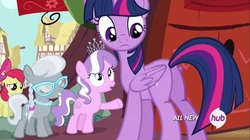 Size: 1100x618 | Tagged: safe, screencap, apple bloom, diamond tiara, scootaloo, silver spoon, twilight sparkle, alicorn, pony, g4, twilight time, all new, butt, female, hub logo, hubble, mare, out of context, plot, the hub, twilight sparkle (alicorn)