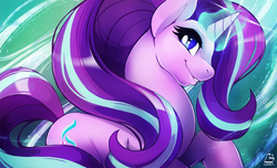 Size: 1500x909 | Tagged: safe, artist:chocokangoo, starlight glimmer, pony, unicorn, g4, cute, female, glimmerbetes, glowing horn, horn, magic, mare, smiling, solo