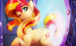 Size: 1500x909 | Tagged: safe, artist:chocokangoo, sunset shimmer, pony, unicorn, g4, female, magic mirror, mare, mirror, open mouth, portal, raised leg, solo