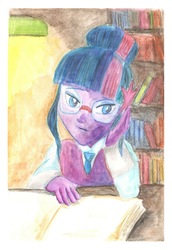 Size: 1300x1894 | Tagged: safe, artist:rufina-tomoyo, sci-twi, twilight sparkle, equestria girls, g4, clothes, crystal prep academy uniform, glasses, library, looking at you, night, school uniform, traditional art, watercolor painting