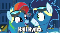 Size: 501x280 | Tagged: safe, screencap, rainbow dash, soarin', pony, g4, newbie dash, clothes, hail hydra, impact font, meme, rainbow fash, text, wonderbolts uniform