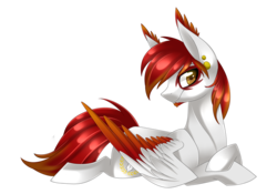 Size: 3695x2589 | Tagged: safe, artist:scarlet-spectrum, oc, oc only, colored wings, crossed hooves, gradient wings, high res, lying down, partially open wings, simple background, solo, sternocleidomastoid, transparent background, turned head, wings