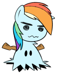 Size: 1270x1527 | Tagged: safe, rainbow dash, mimikyu, g4, female, pokémon, ragdoll, simple background, solo, sticks, white background