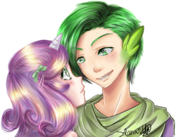 Size: 1200x935 | Tagged: safe, artist:solanapple, spike, sweetie belle, human, g4, blushing, clothes, duo, female, horn, horned humanization, humanized, male, ship:spikebelle, shipping, simple background, straight, transparent background