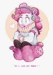 Size: 708x1000 | Tagged: safe, artist:zaininn, pinkie pie, earth pony, anthro, g4, breath, clothes, cold, earmuffs, female, mittens, scarf, solo, sweater, winter