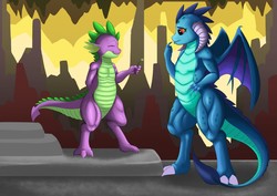 Size: 1280x905 | Tagged: safe, artist:exelzior, princess ember, spike, dragon, g4, claws, dragoness, female, flower, male, muscles, ship:emberspike, shipping, straight