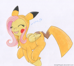 Size: 1009x900 | Tagged: safe, artist:foxxy-arts, fluttershy, pikachu, g4, clothes, costume, cute, kigurumi, pokémon, shyabetes