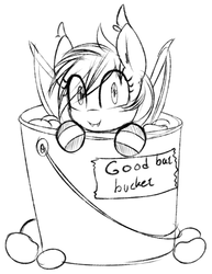 Size: 580x750 | Tagged: safe, artist:replica, oc, oc only, oc:nolegs, bat pony, pony, :c, bat bucket, bucket, clothes, cute, ear tufts, eye clipping through hair, fangs, female, food, frown, good bat bucket, grayscale, leaning, lineart, looking at you, mare, monochrome, ocbetes, plum, simple background, sketch, smiling, socks, striped socks, white background, wide eyes
