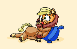 Size: 2493x1614 | Tagged: safe, artist:pabbley, applejack, g4, applelion, behaving like a cat, claws, clothes, costume, female, onesie, paws, pillow, solo, tongue out