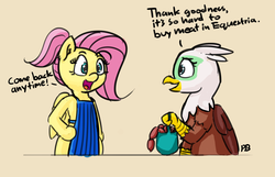 Size: 2854x1837 | Tagged: safe, artist:pabbley, fluttershy, greta, griffon, pegasus, pony, semi-anthro, g4, alternate hairstyle, apron, bipedal, butcher, butchershy, clothes, dialogue, food, meat, out of character, ponies eating meat, sausage, steak