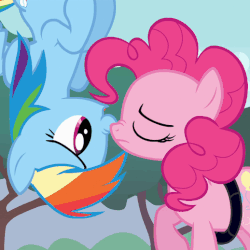 Size: 518x518 | Tagged: safe, screencap, pinkie pie, rainbow dash, pony, g4, pinkie pride, animated, animation error, blinking, boop, cute, dashabetes, diapinkes, eye contact, female, floating, flying, frown, grin, nose wrinkle, noseboop, smiling, talking, upside down