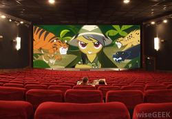 Size: 1000x694 | Tagged: safe, screencap, daring do, big cat, cat, cheetah, human, lynx, panther, pony, tiger, g4, ahuizotl's cats, animal, cinema, clothes, female, hat, irl, irl human, mare, people, photo, pith helmet, theater