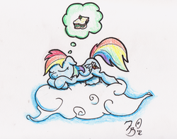 Size: 2728x2146 | Tagged: safe, artist:flavinbagel, rainbow dash, pegasus, pony, g4, cloud, dream, female, food, on a cloud, sandwich, sleeping, solo