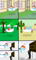 Size: 1600x2630 | Tagged: safe, artist:loceri, rainbow dash, bird, pegasus, penguin, pony, g4, cloud, comic, desert, drool, on back, sleeping, slice of life, south pole, tongue out, zzz