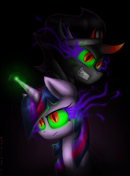 Size: 2000x2682 | Tagged: safe, artist:moonlightfl, king sombra, twilight sparkle, g4, bust, corrupted, dark magic, duo, magic, series finale, sombra eyes, twilight is anakin