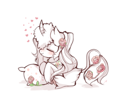 Size: 1200x1033 | Tagged: safe, artist:ipun, oc, oc only, pony, unicorn, blushing, curved horn, eyes closed, female, flower, flower in hair, heart, horn, mare, pillow, simple background, solo, white background