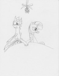 Size: 786x1017 | Tagged: safe, artist:paranormalpinkie, rarity, spike, g4, blushing, female, holding hooves, male, mistletoe, older, older spike, ship:sparity, shipping, straight, traditional art, winged spike, wings
