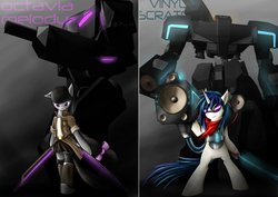 Size: 1280x905 | Tagged: safe, artist:firenze, dj pon-3, octavia melody, vinyl scratch, earth pony, pony, unicorn, g4, bipedal, bowtie, clothes, female, hooves, horn, mare, mecha, smiling, sunglasses, sword, text, weapon