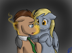 Size: 1400x1024 | Tagged: safe, artist:renniksarts, derpy hooves, doctor whooves, time turner, earth pony, pegasus, pony, doctor whooves and assistant, g4, crying, doctor who, duo, female, mare, necktie, regeneration, sad, the doctor