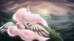 Size: 1920x1080 | Tagged: safe, artist:zedrin, princess celestia, g4, female, ocean, pink-mane celestia, solo, sunrise, younger