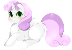 Size: 1280x879 | Tagged: safe, artist:xeella, sweetie belle, pony, unicorn, g4, blank flank, blushing, cute, diasweetes, fat, female, filly, looking at you, prone, simple background, solo, sweetie belly, transparent background