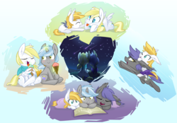 Size: 2300x1600 | Tagged: safe, artist:equestria-prevails, oc, oc only, oc:aster, oc:cloud skipper, oc:florence, oc:midnight blossom, bat pony, pegasus, pony, unicorn, blanket, book, cloudblossom, food, ice cream, night, ponies riding ponies, riding, shooting star, stars, tongue out, wing hold