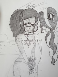Size: 2522x3361 | Tagged: safe, artist:missmayaleanne, sci-twi, sunset shimmer, twilight sparkle, equestria girls, g4, bouquet, clothes, crying, dress, duo, female, grayscale, high res, lesbian, marriage, monochrome, ponytail, ship:sci-twishimmer, ship:sunsetsparkle, shipping, sunset, tears of joy, traditional art, veil, wedding, wedding dress