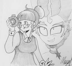 Size: 1023x938 | Tagged: safe, artist:missmayaleanne, sci-twi, twilight sparkle, equestria girls, g4, my little pony equestria girls: friendship games, duality, grayscale, magic capture device, midnight sparkle, monochrome, ominous, self paradox, traditional art, unleash the magic