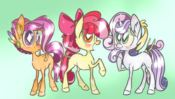 Size: 1920x1080 | Tagged: safe, artist:xenon, apple bloom, scootaloo, sweetie belle, crystal pony, pony, g4, alternate hairstyle, crystallized, cutie mark crusaders