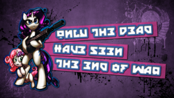 Size: 2560x1440 | Tagged: safe, artist:ginototman, artist:vombavr, edit, rarity, sweetie belle, pony, g4, bipedal, gun, m14, m14 ebr, rifle, wallpaper, wallpaper edit, weapon