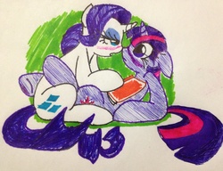 Size: 1965x1507 | Tagged: safe, artist:miss-zi-zi, rarity, twilight sparkle, pony, g4, blushing, book, boop, female, lesbian, mare, ship:rarilight, shipping, traditional art