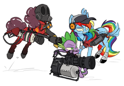 Size: 1972x1383 | Tagged: safe, artist:xenon, pinkie pie, rainbow dash, spike, g4, crossover, gun, heavy weapons guy, pinkie pyro, pyro (tf2), rainbow scout, scout (tf2), team fortress 2, weapon