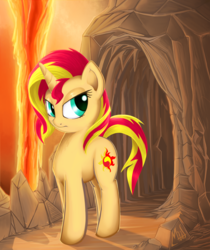 Size: 2100x2500 | Tagged: safe, artist:sea-maas, sunset shimmer, pony, unicorn, g4, cave, female, heat, high res, lava, solo, volcano, walking
