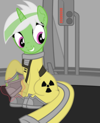 Size: 1837x2267 | Tagged: safe, artist:rainbowsurvivor, oc, oc only, oc:linux, oc:linux code, pony, unicorn, boots, grin, hazmat suit, magic, smiling, solo, telekinesis