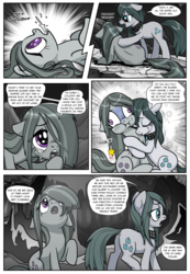 Size: 1331x1920 | Tagged: safe, artist:pencils, cloudy quartz, marble pie, earth pony, pony, comic:anon's pie adventure, g4, bear hug, cave, comic, crying, dock, duo, female, hug, limited palette, loose hair, mare, pain star, stars, tears of joy, tears of pain, wet mane