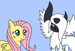 Size: 854x584 | Tagged: safe, fluttershy, absol, pegasus, pony, g4, absolshy, crack shipping, crossover, duo, mega absol, pokémon, pokémon x and y, shipping