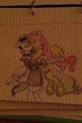 Size: 640x960 | Tagged: safe, fluttershy, oc, oc:thunder scratch, anthro, unguligrade anthro, g4, anthro oc, blushing, canon x oc, drawing, kissing, shipping, traditional art