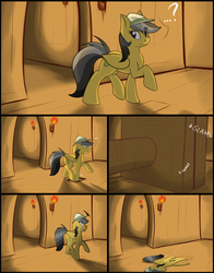Size: 782x1000 | Tagged: safe, artist:tlem-dna-talf, daring do, g4, ..., bad end, cartoon physics, comic, flattened, flattening, it's a trap, its a trap!, ouch, question mark, shape change, trap (device)