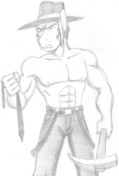 Size: 737x1083 | Tagged: safe, artist:mayorlight, edit, igneous rock pie, earth pony, anthro, g4, angry, clothes, male, monochrome, muscles, pickaxe, solo, stallion, topless