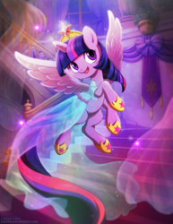 Size: 734x950 | Tagged: safe, artist:lindsay cibos, twilight sparkle, alicorn, pony, g4, clothes, color porn, cute, dress, element of magic, female, flying, hoof shoes, long tail, princess dress, princess shoes, solo, sparkles, tail, twiabetes, twilight sparkle (alicorn)