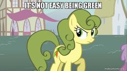 Size: 800x449 | Tagged: safe, edit, edited screencap, screencap, carrot top, golden harvest, earth pony, pony, boast busters, g4, background pony, carrot top is not amused, female, green hair, image macro, impact font, makeameme.org, mare, meme, raised hoof, solo focus, the muppets, unamused