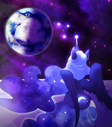 Size: 2405x2734 | Tagged: safe, artist:athenavolantis, princess luna, g4, banishment, ear piercing, earring, earth, female, glowing horn, high res, horn, jewelry, looking up, magic, mare in the moon, moon, piercing, sitting, solo, space, spread wings