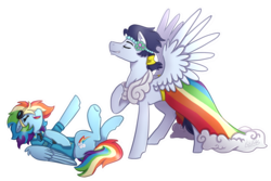 Size: 2100x1400 | Tagged: safe, artist:monnarcha, rainbow dash, soarin', pony, a canterlot wedding, g4, 30 day otp challenge, bridesmaid dress, clothes, clothes swap, crossdressing, dress, duo, eyes closed, female, goggles, laughing, male, open mouth, raised hoof, ship:soarindash, shipping, simple background, straight, transparent background, wonderbolts dress uniform
