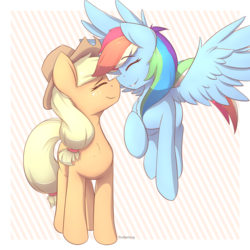 Size: 2800x2800 | Tagged: safe, artist:thebatfang, applejack, rainbow dash, earth pony, pegasus, pony, g4, boop, cute, duo, duo female, eyes closed, female, flying, freckles, high res, lesbian, mare, noseboop, nuzzling, ship:appledash, shipping, smiling