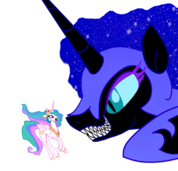 Size: 1000x959 | Tagged: artist needed, safe, artist:mr square, edit, nightmare moon, princess celestia, g4, grin, macro, micro, sharp teeth, simple background, smiling, transparent background