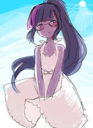 Size: 497x683 | Tagged: source needed, useless source url, safe, artist:weiliy, twilight sparkle, equestria girls, g4, blushing, clothes, dress, female, fever, needs more jpeg, sketchy, solo