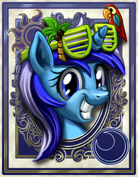 Size: 700x900 | Tagged: safe, artist:harwick, minuette, parrot, pony, unicorn, harwick's sun/moon portraits, g4, coconut, cute, female, food, grin, looking at you, mare, palm tree, portrait, shutter shades, smiling, solo, squee, sunglasses