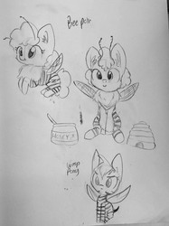 Size: 959x1280 | Tagged: safe, artist:tjpones, oc, oc only, bee, bee pony, original species, pony, wasp, wasp pony, beehive, black and white, food, grayscale, honey, lineart, monochrome, pencil drawing, traditional art