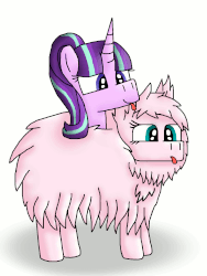 Size: 1125x1500 | Tagged: safe, artist:polishcrossoverfan, starlight glimmer, oc, oc:fluffle puff, pony, unicorn, g4, animated, fluffle puffing, fusion, not salmon, onomatopoeia, ponies riding ponies, raspberry, raspberry noise, riding, s5 starlight, starlight glimmer riding fluffle puff, tongue out, wat, we have become one